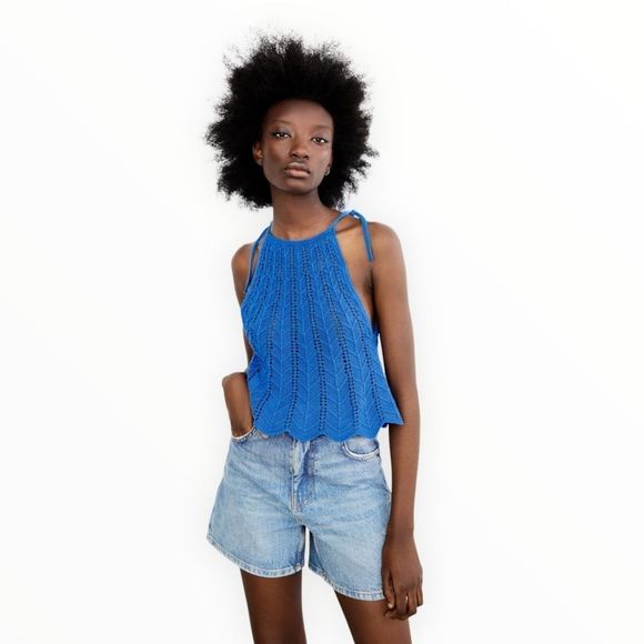 ZARA Women | Blue | OPENWORK KNIT TOP - Picture 8 of 11